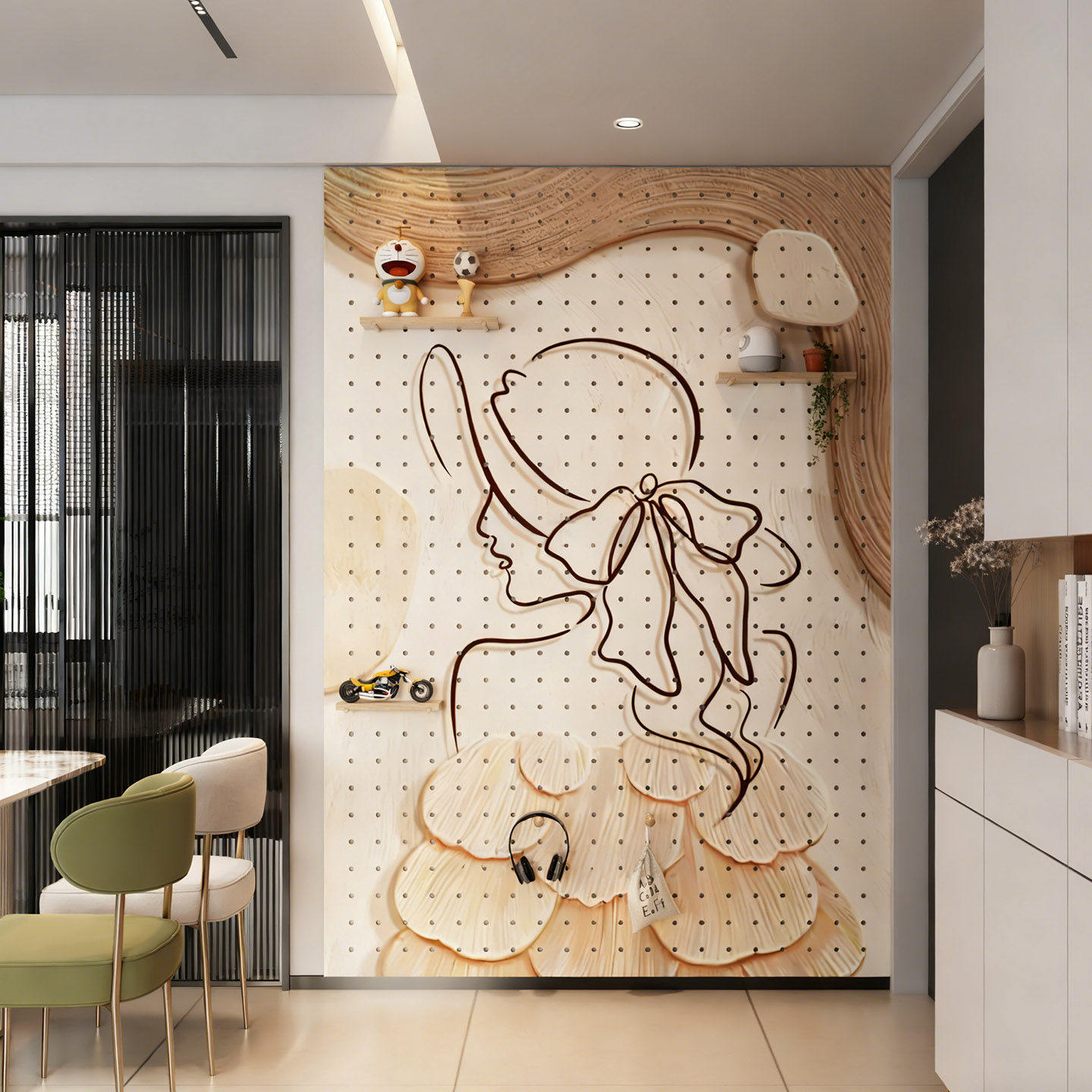 中古风线条女孩实木洞洞板置物架客厅玄关门墙面收纳可定制展示架