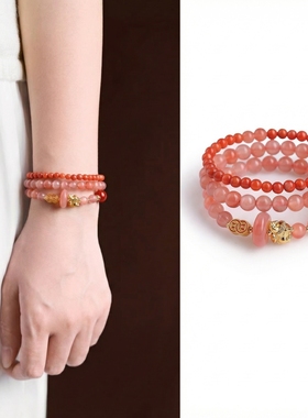 2025年新款天然粉水晶手串手链手饰南红玛瑙平安扣转运马年本命年