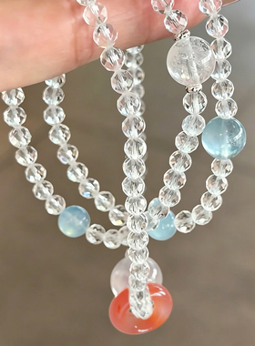 天然白水晶海蓝宝手串手链女款叠戴多圈天然补金招财转运手饰