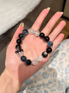 天然黑曜石白水晶多宝手串手链补水补金闺蜜叠戴设计师手串招财