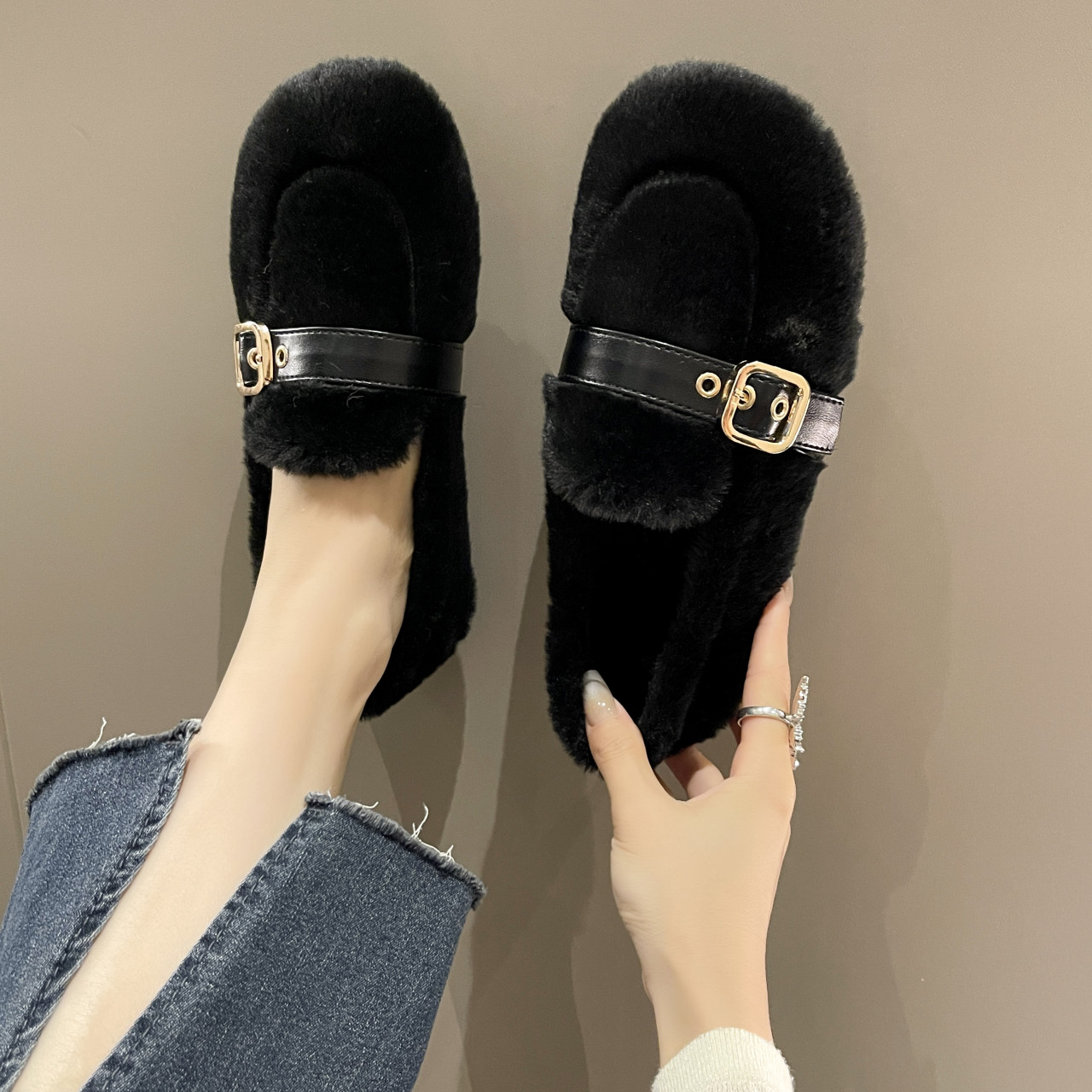 洋气毛毛鞋女外穿2025秋冬新款韩版平底一脚蹬豆豆鞋保暖加绒棉鞋,女鞋,棉鞋,淘宝优惠券,粉丝福利购,淘宝优惠卷