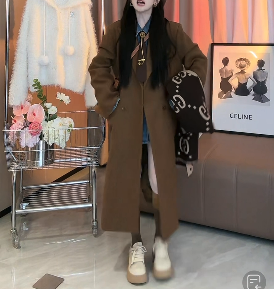 杭州四季青毛呢大衣女冬双排扣棕色复古显瘦中长款呢子外套妮子