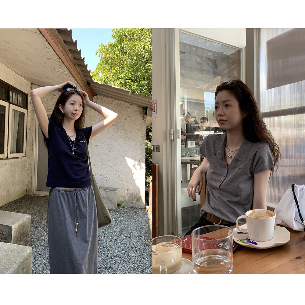 HelloooEat американская ретро вышитая вязаная рубашка с воротником поло повседневная универсальная приталенная с короткими рукавами