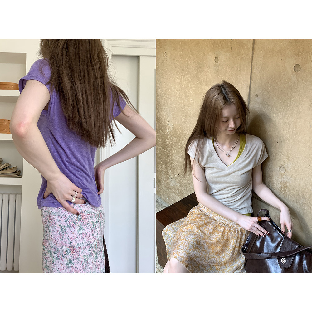 Hellooo Eat эластичная приталенная футболка с V-образным вырезом из полиэстера и льна