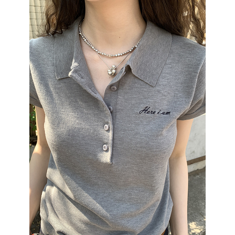 HelloooEat американская ретро вышитая вязаная рубашка с воротником поло повседневная универсальная приталенная с короткими рукавами