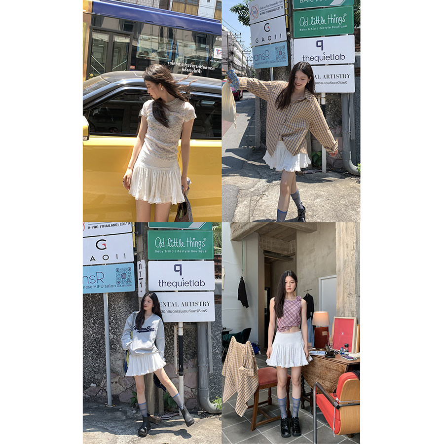 Hellooo Eat белая короткая юбка с кружевной отделкой весна 2024 корейский стиль балетный стиль заниженная талия А-силуэт женская