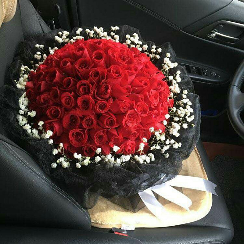 三亚海口情人节鲜花店同城速递99朵红白香槟黑纱玫瑰花束求婚订花