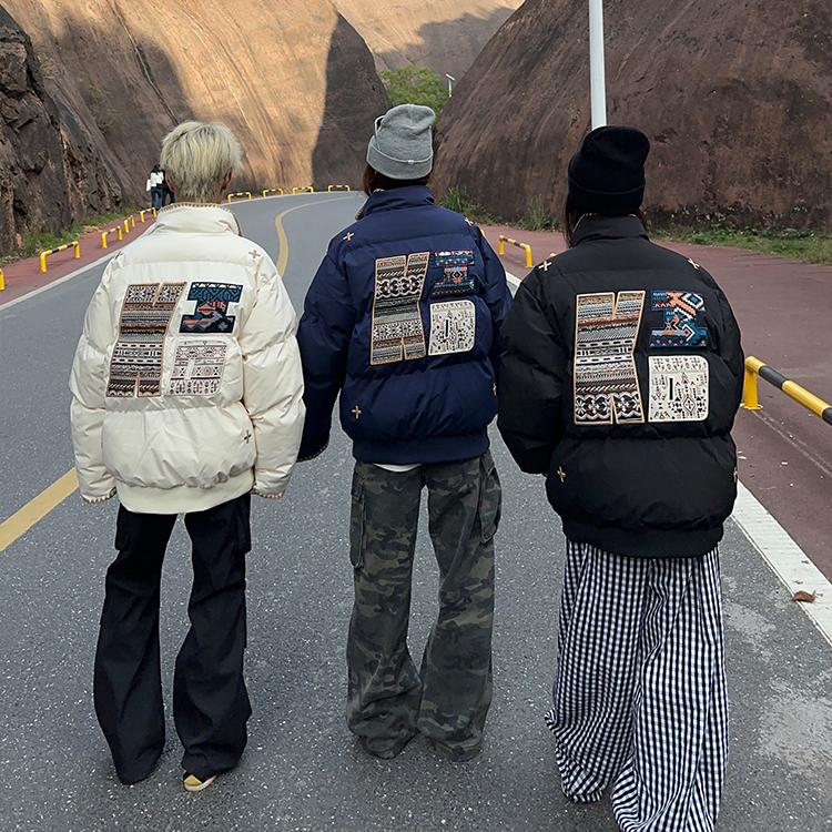 原创美式复古刺绣棉服男女