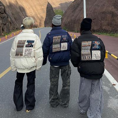 原创美式复古刺绣棉服男女