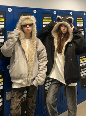 126KID 原创美式毛领兔耳座山雕棉衣男女冬季情侣棉服麂皮绒外套