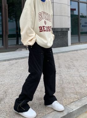 126国潮 高街美式复古工装拉链直筒牛仔裤男黑色长裤子小众设计感