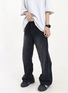 126KID 美式复古水洗做旧黑色牛仔裤男女高街百搭直筒休闲长裤子