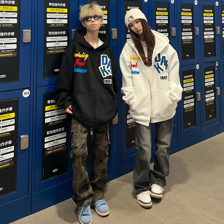 美式复古刺绣开衫连帽卫衣