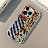 拼接豹纹适用iPhone16promax手机壳苹果奶油羽纱全包11超薄xs
