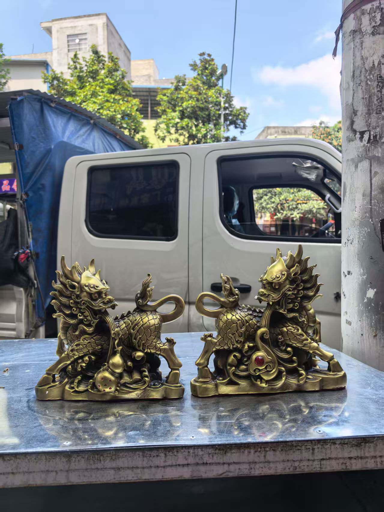 中式黄铜麒麟摆件一对纯铜葫芦麒麟如意麒麟家居办公吉祥摆件招财