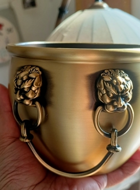 招财缸聚宝盆摆件双狮耳仿故宫缸黄铜铸造底有金蟾家居中式办公室