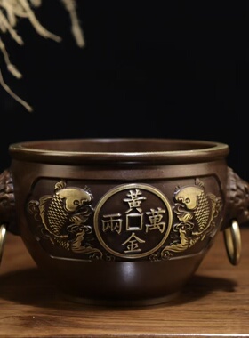 中式黄铜聚宝盆招财摆件纯铜米缸连年有余日进斗金铜缸仿古紫铜色