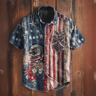复古男士休闲印花短袖男衬衫时尚都市（24-35岁）可机洗翻领other