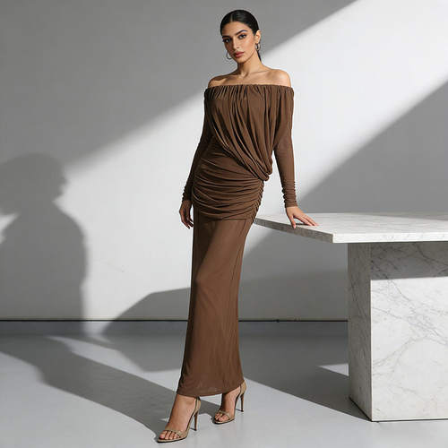 纯欲御姐风一字肩连衣裙2026春季收腰长袖晚礼服长裙单件一字领