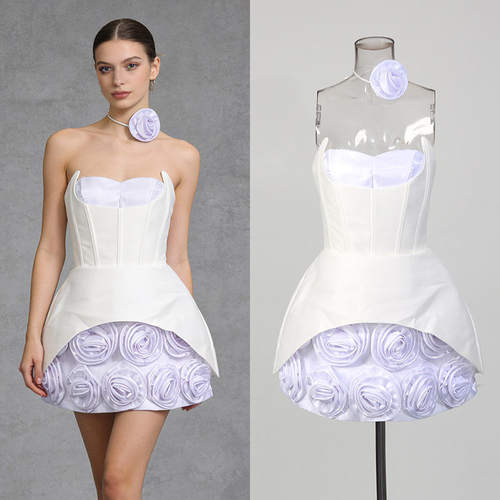 法式抹胸鱼骨支撑收腰短裙2026春季立体花朵连衣裙女KDR542620X