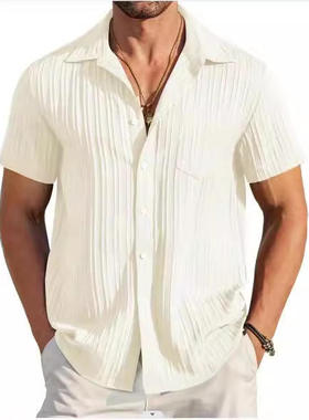 男装夏季男士条纹拼色商务修身休闲衬衣短袖衬衫印花化纤类混纺