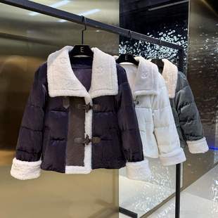 设计感高级醋酸真丝秋冬2024羊皮毛一体白鹅绒服女短外套皮草长袖