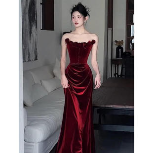 服女春秋2024高级感名媛晨袍订婚礼裙抹胸性感鱼尾晚礼服 新款