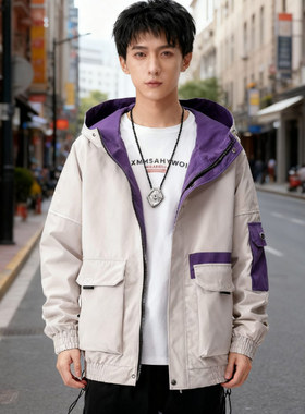 工装外套男春秋季潮牌ins连帽薄款夹克学生休闲男装时尚上衣服yd