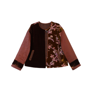 【大愿专享】70梭丝绒兰花印拼丝麻红莨棉服  1188256