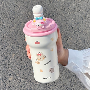 高颜值保温杯女生可爱猫咪陶瓷内胆双饮水杯学生上学便携保冷杯子
