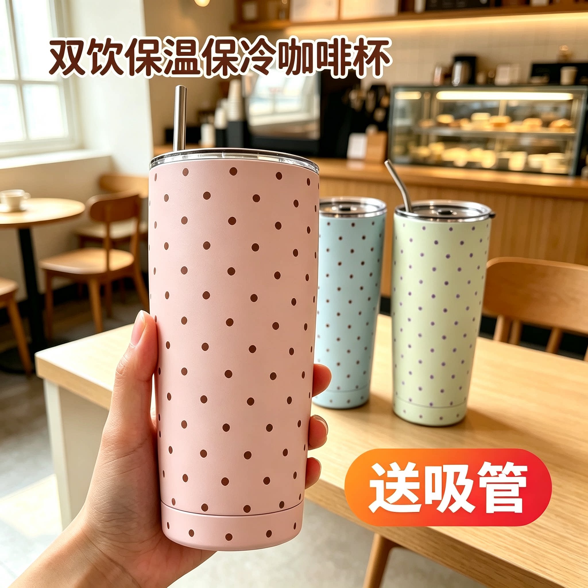 粉色波点保温杯随行便携大容量水杯女生高颜值双饮咖啡杯保冷杯子