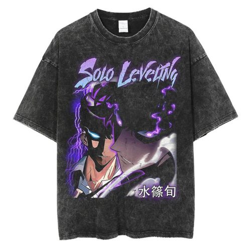新款 Solo Leveling 独自升级动漫系列 水洗街头复古t恤 街潮短袖
