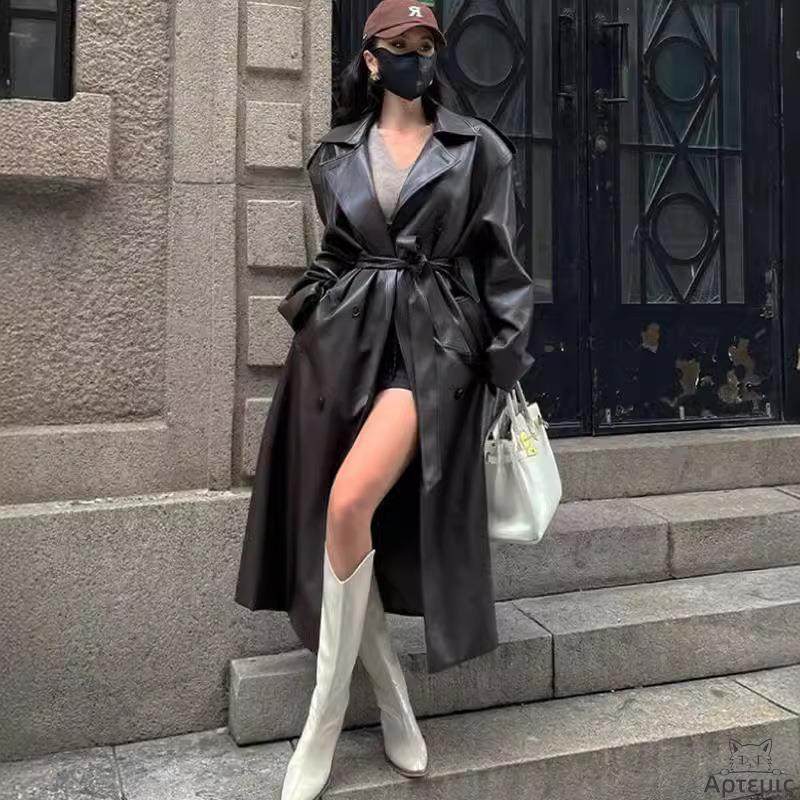 复古中长pu皮衣外套女春秋皮风衣Ladies fashion leather jacket