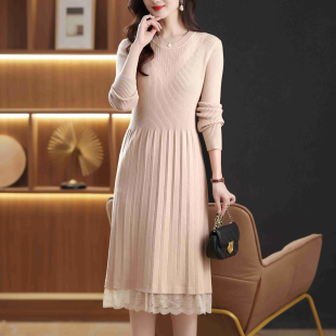 毛衣长裙蕾丝边拼接打底裙子 修身 秋冬女士时尚 针织连衣裙2025新款