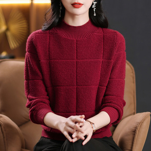 毛衣妈妈半高领格子打底衫 宽松大码 针织上衣2025新款 秋冬女士时尚