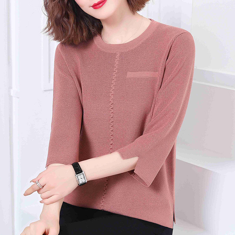 时尚圆领毛衣女针织衫2020春秋新款七分袖外穿内搭上衣百搭打底衫