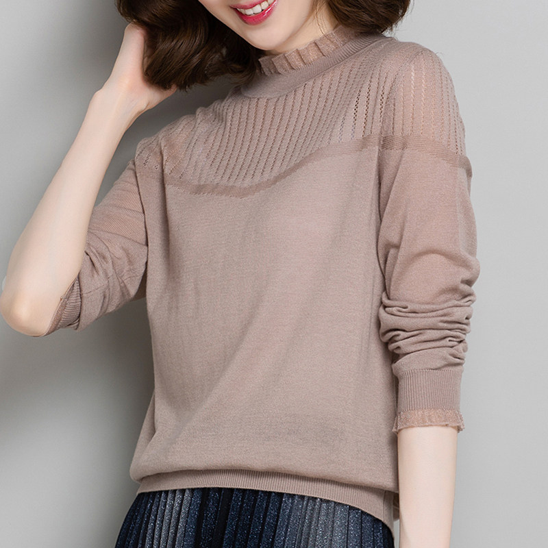 秋冬洋气蕾丝领镂空宽松毛衣女士羊毛衫外穿针织上衣内搭打底春秋