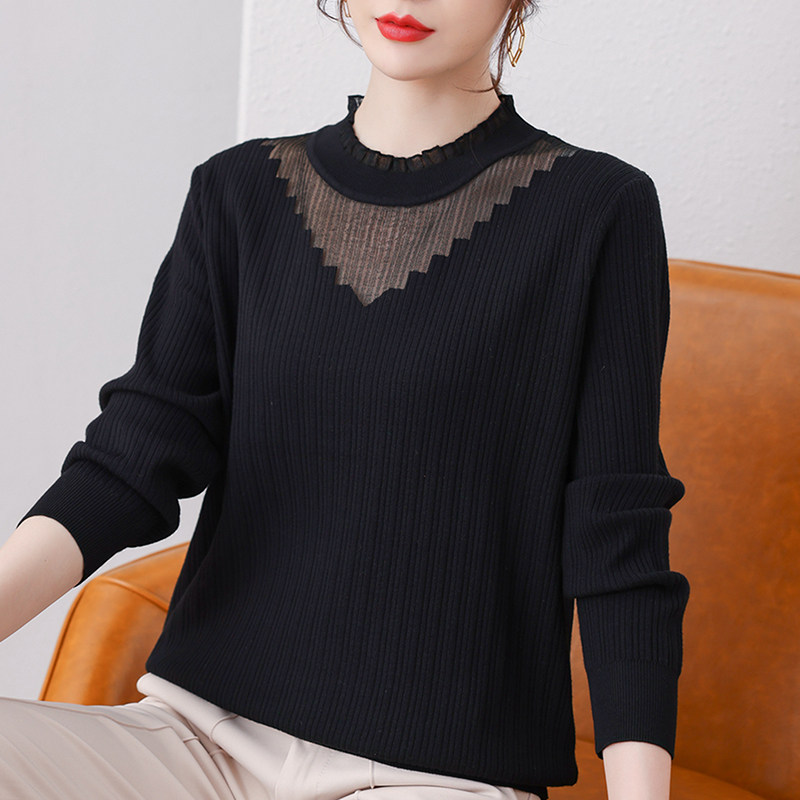 半高领蕾丝网纱针织衫女秋装新款女士毛衣薄款上衣黑色打底衫春秋