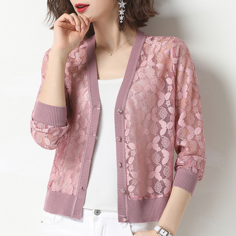 蕾丝外套女短款披肩夏季纱网镂空针织开衫女宽松薄款防晒衣小外披