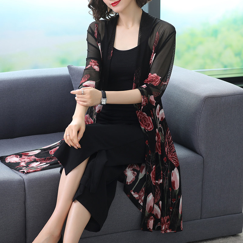 春夏季复古印花网纱雪纺外搭开衫女中长款薄款宽松空调衫披肩外套