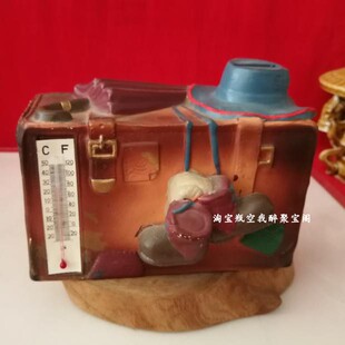 牛仔皮箱造型陶器摆件玩具怀旧实物照 90年代创意储蓄罐带寒暑表