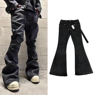 RO暗黑风格微喇叭褶皱堆积感刷蜡飘带拖地裤子vintage牛仔潮裤男