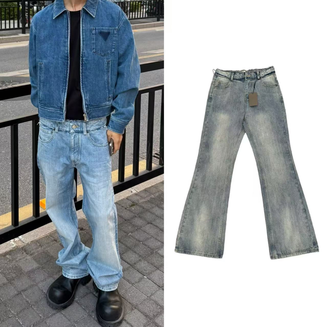 B家25SS Bootcut 巴黎风格立体竹节纹水洗微喇叭弯刀蓝色牛仔长裤