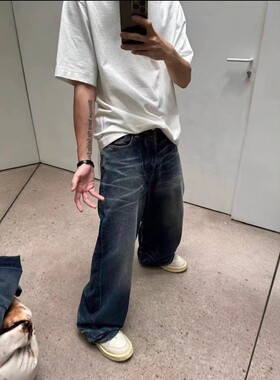 原标AC风格 23ss 水波纹猫须Baggy宽松廓形拖地版型高腰牛仔长裤