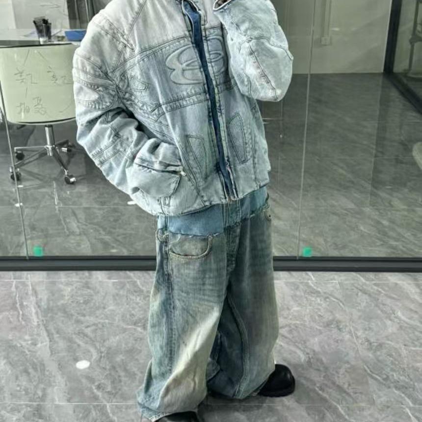 B家 24SS 双层双腰拼接牛仔裤巴黎风格复古水洗baggy猫须长裤男潮