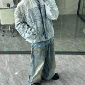 24SS 双层双腰拼接牛仔裤 巴黎风格 B家 复古水洗baggy猫须长裤 男潮