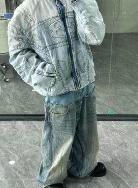 B家 24SS 双层双腰拼接牛仔裤巴黎风格复古水洗baggy猫须长裤男潮