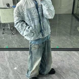 B家 24SS 双层双腰拼接牛仔裤巴黎风格复古水洗baggy猫须长裤男潮