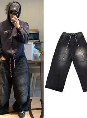 B家秀款george抽绳双膝解构复古做旧baggy牛仔裤巴黎风格pp同款潮