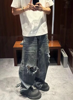 B家糜烂泥直筒阔腿长裤baggy破洞做旧牛仔裤巴黎风格wookvibe同款